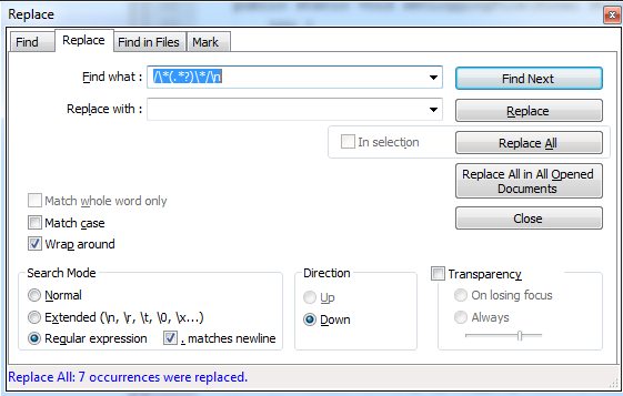 NotePad++ Remove Multi-Line Comments