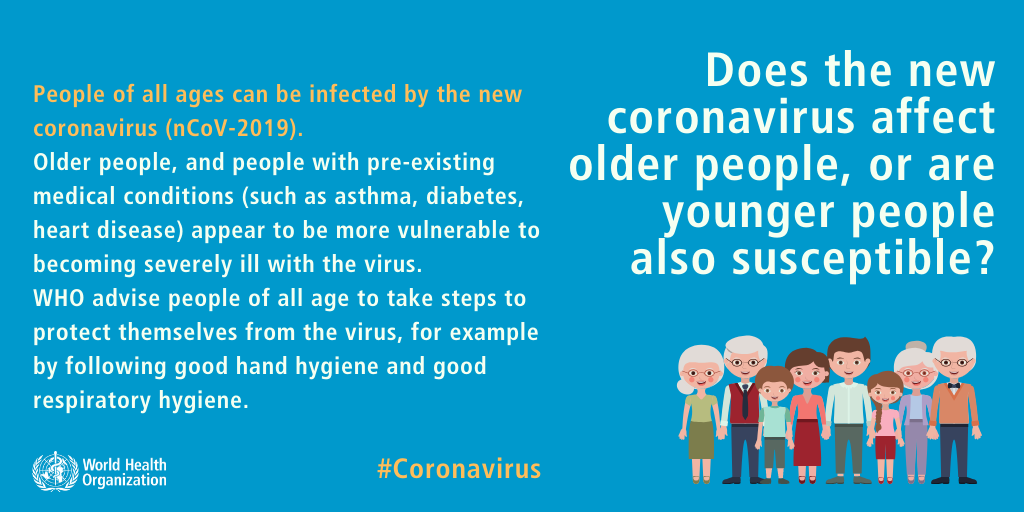 People of all ages can be infected by the new coronavirus (2019-nCoV). Older people, and people with pre-existing medical conditions (such as asthma, diabetes, heart disease) appear to be more vulnerable to becoming severely ill with the virus. WHO advises people of all ages to take steps to protect themselves from the virus, for example by following good hand hygiene and good respiratory hygiene.