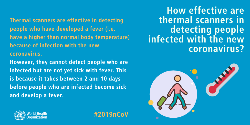 Thermal scanners are effective in detecting people who have developed a fever (i.e. have a higher than normal body temperature) because of infection with the new coronavirus. However, they cannot detect people who are infected but are not yet sick with fever. This is because it takes between 2 and 10 days before people who are infected become sick and develop a fever.