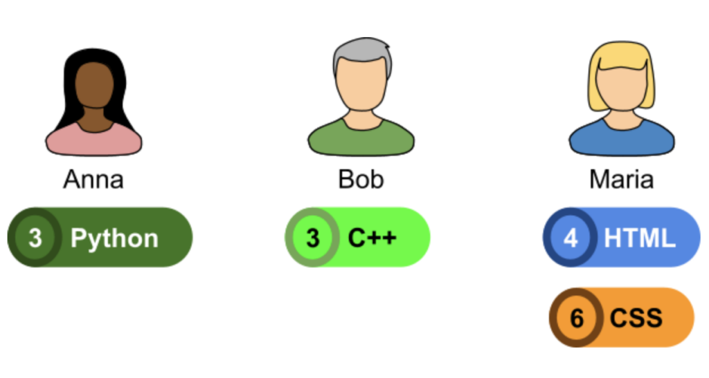 Three contributors and their skills, as described in the example above.