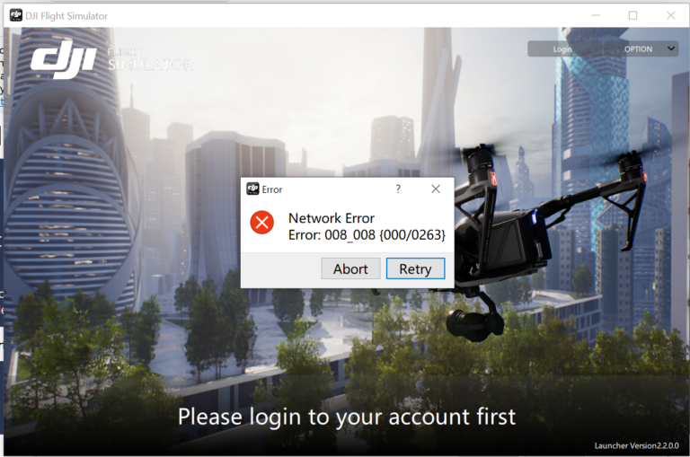 DJI Flight Simulator Network Error 008_008 {000/0263}