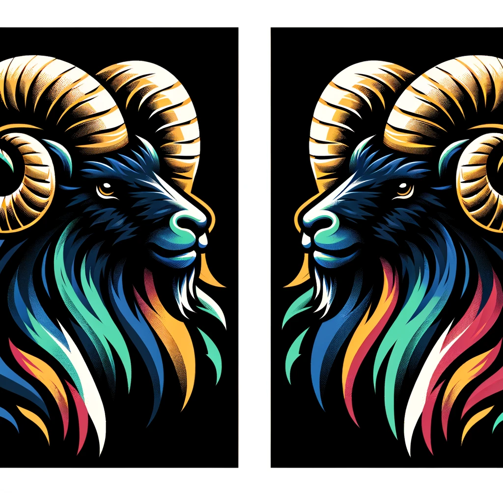 two more pirate flags, each featuring a stylized mouflon head in the center. The flags should have a black background, with the mouflon depicted in an imaginative, lively style, showcasing bold and vibrant colors. The mouflon's features should be exaggerated and dynamic, conveying a sense of adventure and fierceness. These flags should capture the essence of a pirate flag with a unique and spirited design, avoiding any direct references to copyrighted styles.