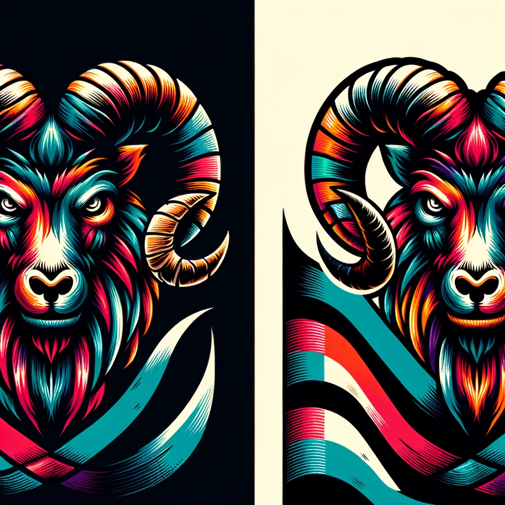 two more pirate flags, each featuring a stylized mouflon head in the center. The flags should have a black background, with the mouflon depicted in an imaginative, lively style, showcasing bold and vibrant colors. The mouflon's features should be exaggerated and dynamic, conveying a sense of adventure and fierceness. These flags should capture the essence of a pirate flag with a unique and spirited design, avoiding any direct references to copyrighted styles.