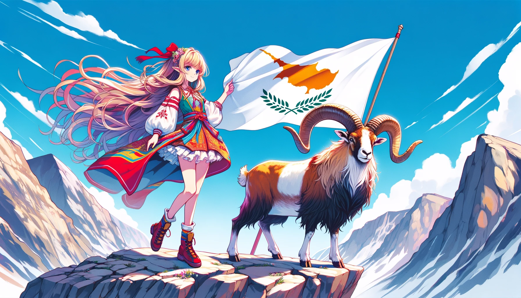 An anime-style illustration of a girl with long flowing hair, dressed in a vibrant costume featuring the colors of the Cyprus flag, standing triumphantly atop a rugged mountain peak. She is holding the flag of Cyprus with pride, the fabric fluttering in the mountain breeze. Beside her stands a large, majestic mouflon goat with curved horns, gazing into the distance. The background showcases a clear blue sky with a few scattered clouds.