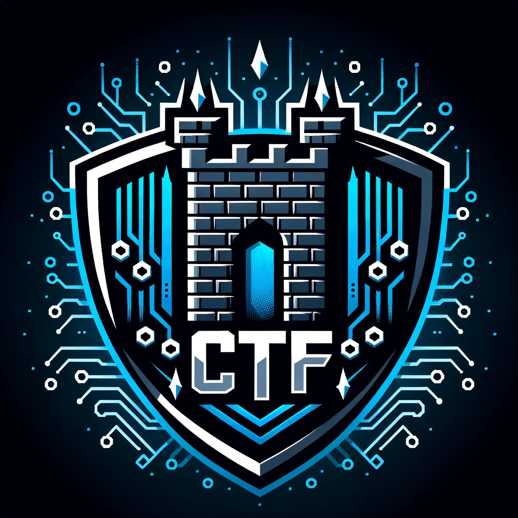 A digital vector logo for a Capture The Flag (CTF) competition, featuring a stylized fortress or shield emblem to represent defense and cybersecurity. The logo includes digital motifs like binary code or circuit patterns, and the letters 'CTF' are prominently integrated into the design. The color scheme is bold, with electric blues and blacks to convey a high-tech feel.