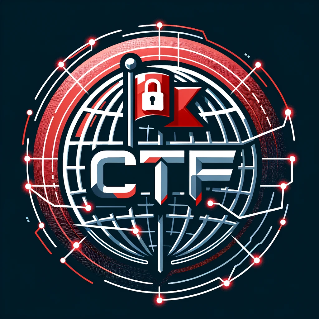 An illustration of a logo for a Capture The Flag (CTF) event, incorporating an abstract representation of a flag planted on a digital globe. The globe is crisscrossed with glowing lines that suggest connectivity and data flow. The acronym 'CTF' appears in sleek, modern font, with a lock icon integrated into the letter 'F' to symbolize security. The overall color palette is metallic with hints of red for a dynamic and exciting vibe.
