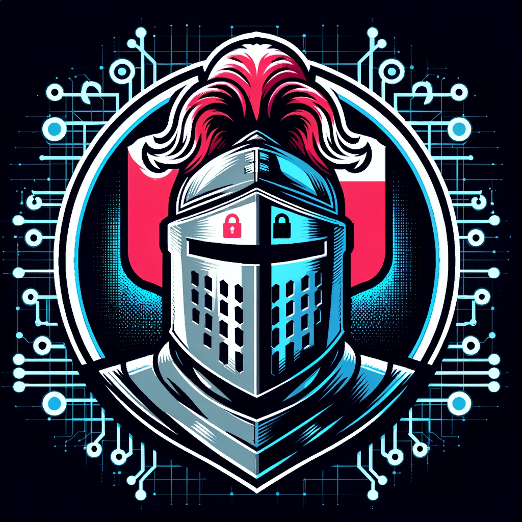 A digital vector logo for a team of Cypriot ethical hackers, featuring a stylized knight's helmet to represent the chivalry of ethical hacking. The helmet is merged with digital elements like pixels and circuit lines. The colors of the Cyprus flag are subtly integrated into the design, with a lock icon as the knight's crest to symbolize protection and cybersecurity.