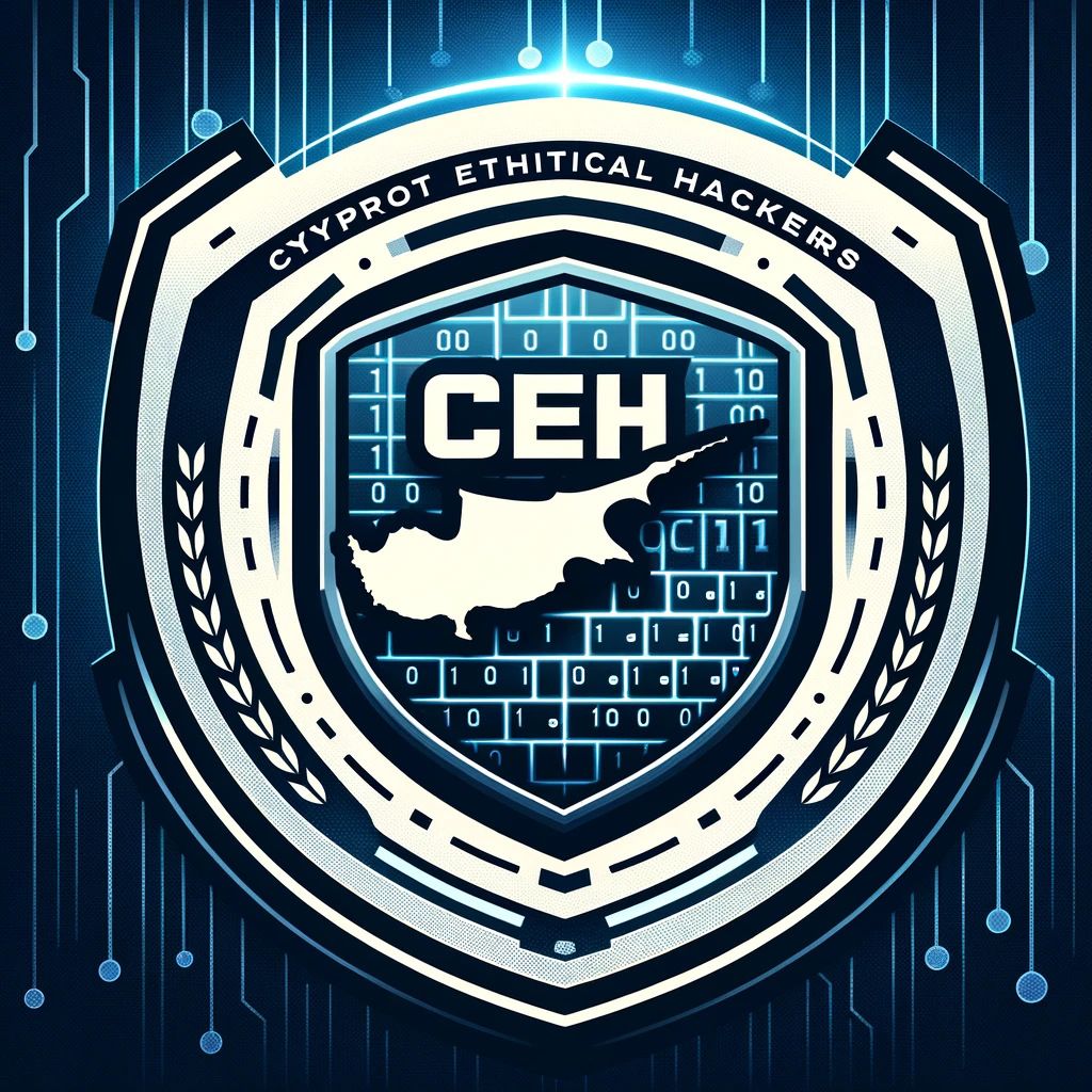 An illustration for a logo that embodies a team of Cypriot ethical hackers, incorporating a sleek, modern shield with a stylized silhouette of Cyprus in the center. The shield is adorned with digital accents like a binary code halo and a keyboard pattern. The acronym 'CEH' for 'Cypriot Ethical Hackers' is boldly positioned across the shield, with a cybernetic font, set against a background that hints at a digital network.
