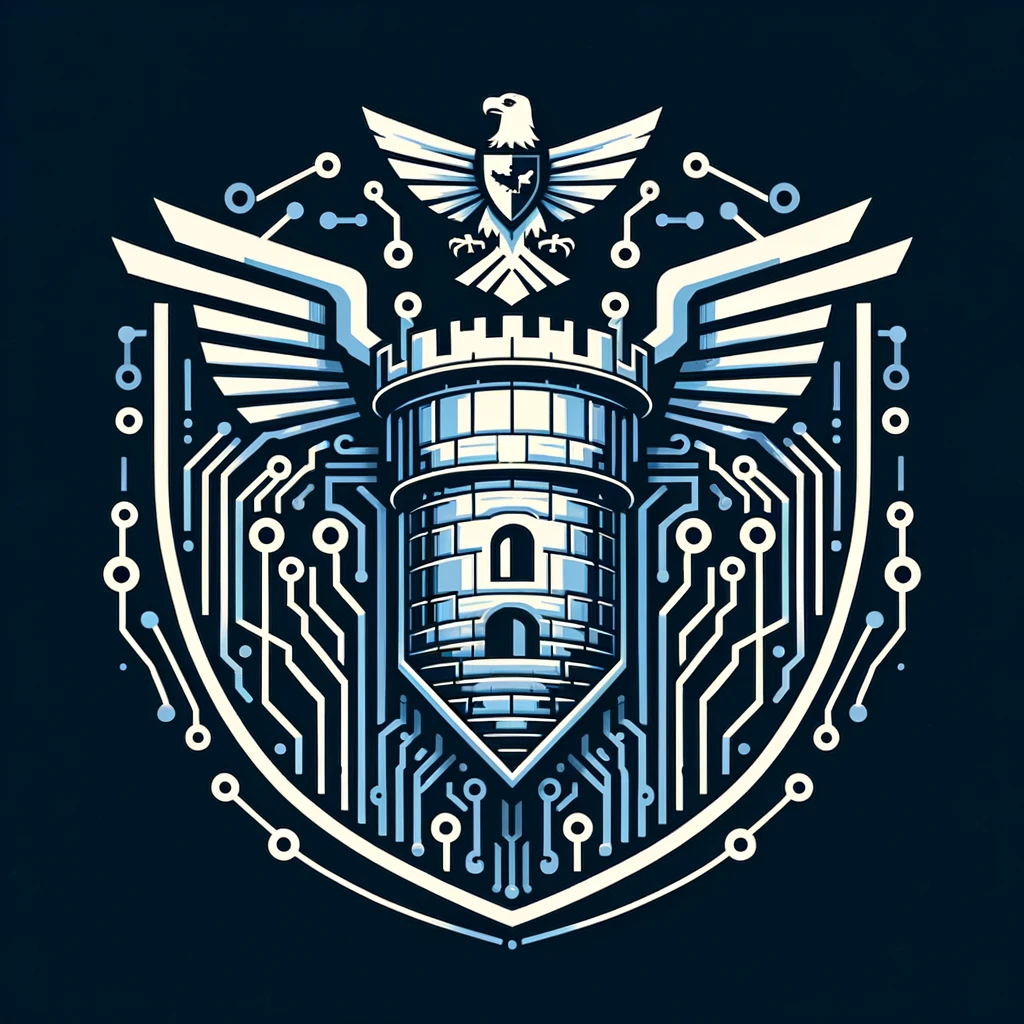 A contemporary logo for a Cypriot ethical hacking group, combining traditional and digital motifs. The logo includes an abstract representation of a castle tower, signifying defense and strategy, with a circuit board pattern. The Cyprus flag is cleverly integrated into the tower design. Above the tower flies a stylized eagle, representing vigilance in cybersecurity. The group's initials, 'CEH', are interwoven into the base of the tower in a futuristic typeface.