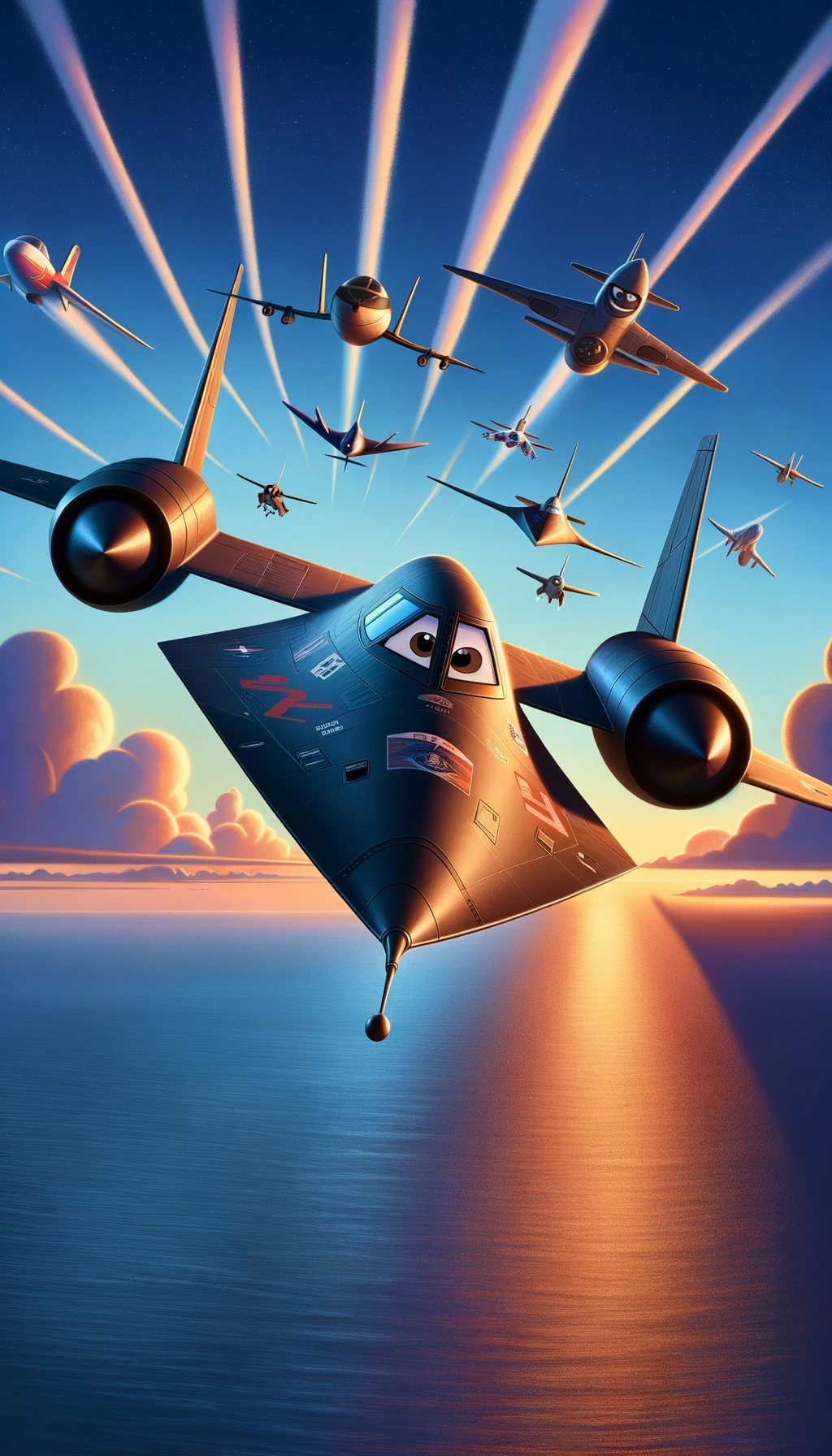 A movie poster in the style of Pixar animation featuring the Lockheed SR-71 Blackbird. The aircraft is characterized with a friendly and brave face on the nose, cartoonish in nature, to fit the Pixar aesthetic. It's flying over a picturesque ocean with a sunset backdrop, casting a heroic shadow on the water below. The title of the movie is playfully written in the sky with contrails, and a supporting cast of various animated aircraft characters is flying in formation with the Blackbird.