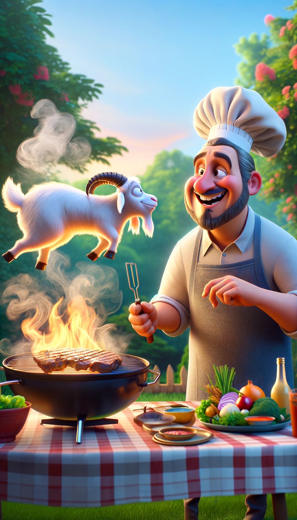 A Pixar-style movie poster featuring a man engaged in a delightful barbecue scene, grilling goat meat. The man has a friendly and skilled chef's appearance with a big smile, wearing an apron and a chef's hat. The grill is whimsically designed, emitting puffs of smoke that form playful shapes. The setting is an idyllic backyard with animated trees and a table set with vibrant dishes and sauces, ready for a feast.