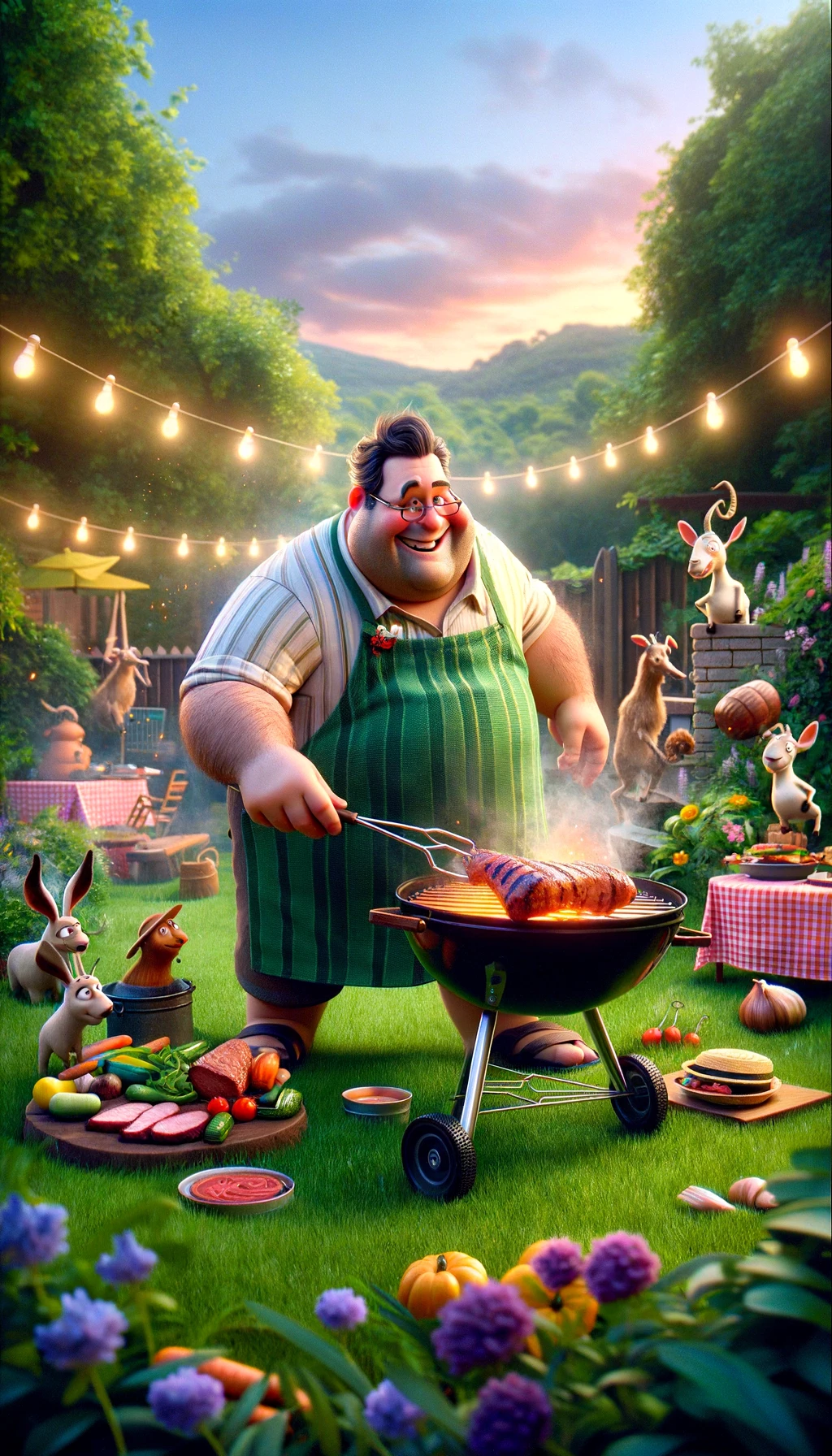 A charming Pixar animation poster depicting a man in the role of a master griller, cooking goat meat over a sizzling barbecue in his lush, green garden. He has a jolly, rotund figure, with a Pixar-esque friendly face, and is dressed in casual summer clothes with a quirky apron. Around him, a variety of anthropomorphized barbecue tools and ingredients add a touch of magic to the scene, and the atmosphere is festive with string lights above and a checkered picnic blanket on the grass.