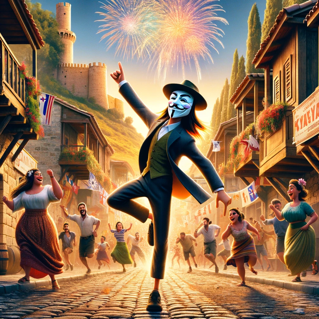 An animated Pixar movie poster depicting a character based on the Guy Fawkes mask, exuding vitality in the midst of a lively celebration in Cyprus. The character is in action, dancing on a cobblestone street with rustic Cypriot houses and the iconic Kyrenia Castle in the background. The atmosphere is festive and vibrant, with local dancers, Cypriot music instruments, and a burst of fireworks above, reflecting the energy and culture of Cyprus.