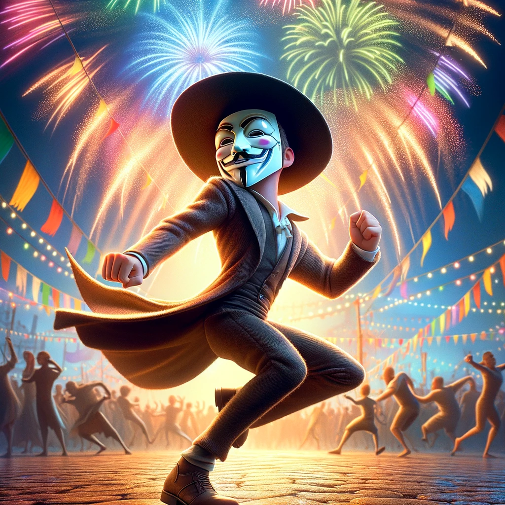 A Pixar-style movie poster presenting a character inspired by the Guy Fawkes mask with a dynamic and energetic pose, set against a backdrop of a vibrant festival with fireworks. The character is mid-dance, with a costume that swirls around playfully, and his expression is one of joy and excitement. The mask maintains its iconic look but with softened features to fit the Pixar animation style, ensuring it remains approachable and fun.