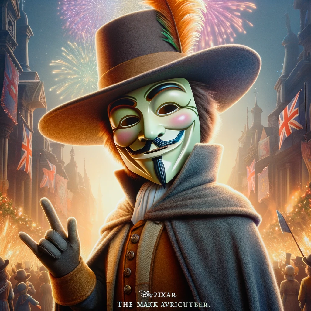 A Pixar movie poster featuring a character inspired by the Guy Fawkes mask, designed to be light-hearted and adventurous. The character is given a softened, cartoonish version of the mask's features, with an emphasis on friendliness and charm. The poster includes elements of a festive celebration, like fireworks and music, in a historical yet fantastical setting that suggests a journey through time. The character wears a costume that is a cheerful rendition of 17th-century attire, with a cape and a feathered hat, making it suitable for all audiences.