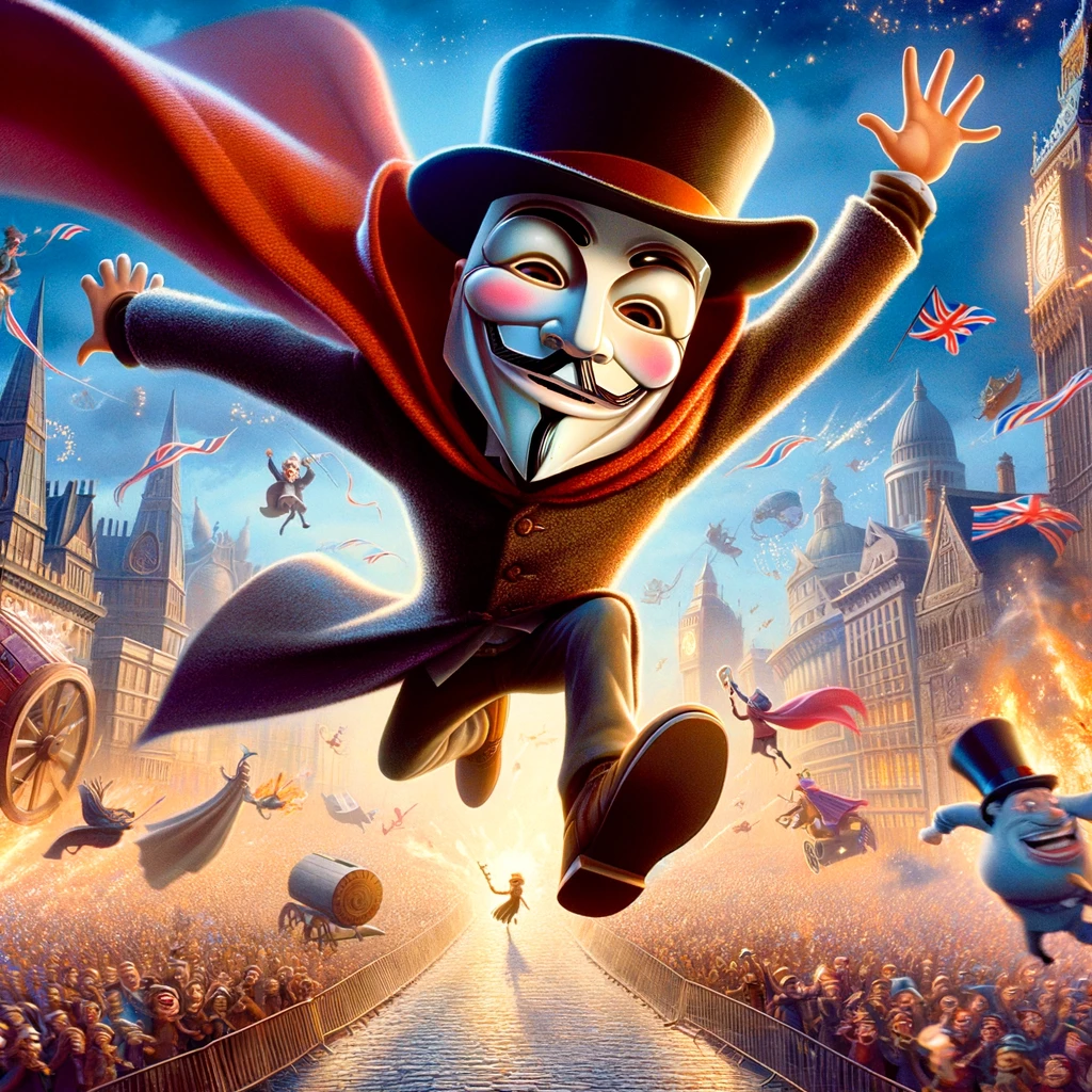An animated Pixar movie poster depicting a character based on the Guy Fawkes mask in the midst of a thrilling adventure. The character is leaping through the air with a cape billowing behind, a bright, infectious smile, and eyes full of determination. The setting is a fantastical version of London, with exaggerated historical landmarks and a bustling crowd of cartoonish figures in the background, all celebrating a festive event with energy and movement.