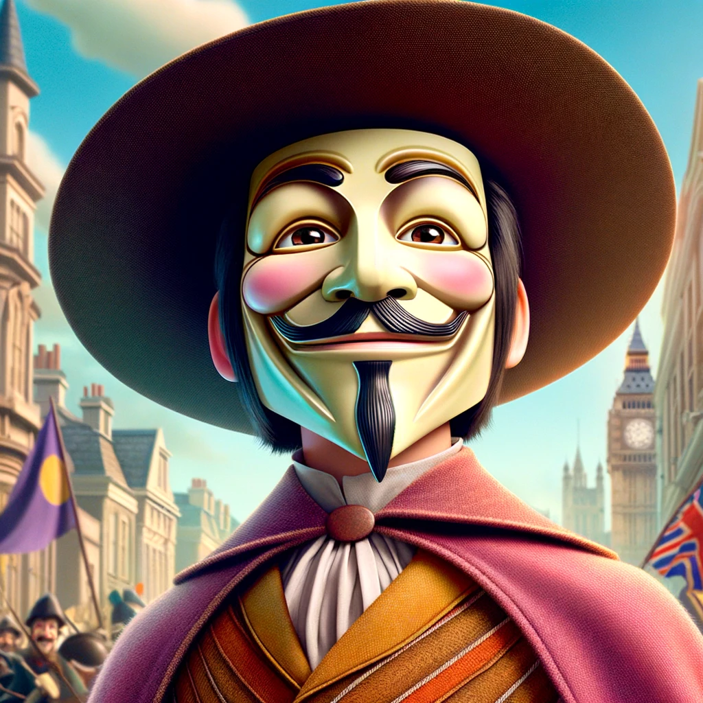 A Pixar-style character inspired by the traditional Guy Fawkes mask, depicted in a non-political and family-friendly movie poster. The character has the iconic mustache and goatee, with a playful and mischievous expression, designed to be appealing and animated. The background is whimsical, perhaps a stylized London setting, to give a nod to the historical aspect without being political. The character is dressed in period clothing that is bright and colorful, to match the Pixar aesthetic.