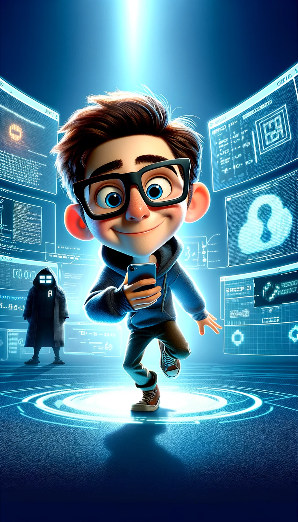 A Pixar-style movie poster featuring a hacker in action, designed with a light-hearted, adventurous tone. The character is a young, genius hacker with an engaging and friendly appearance, complete with oversized glasses and a quirky expression. The background showcases a high-tech digital world, with floating code and holographic screens surrounding the hacker. The mood is exciting and mysterious, with a touch of humor in the form of digital 'sidekick' characters.