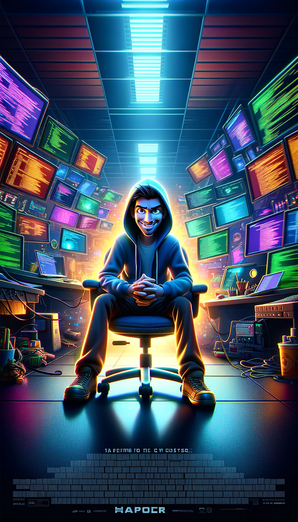 An animated movie poster in Pixar style, portraying a hacker as a heroic figure. The hacker is represented with a charismatic, mischievous smile, sitting in a high-tech chair surrounded by multiple colorful screens displaying code and cyber graphics. The hacker wears a casual hoodie and has tools of the trade scattered around. The setting gives a vibe of a secret hideout, with dynamic lighting emphasizing the thrill of hacking. The poster's title is in a futuristic font, adding to the cyber adventure theme.