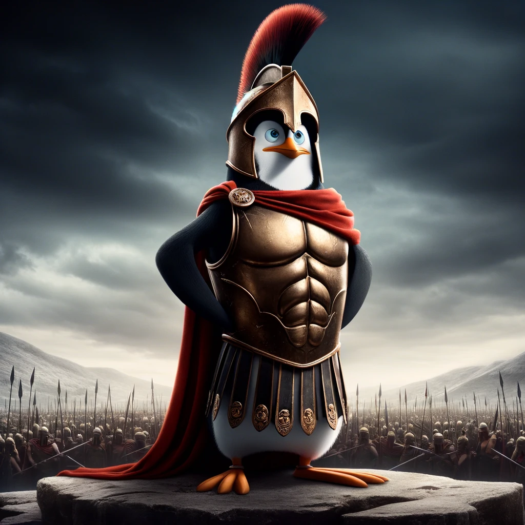 An animated Pixar movie poster depicting a penguin in full Spartan regalia, exuding a courageous aura. The penguin is positioned in a battle-ready stance against a backdrop of a dark, stormy sky over a Spartan battlefield. The uniform is detailed with a bronze cuirass, red cloak, and a crested helmet, adding a playful twist to the historic warrior attire in a Pixar animation style.