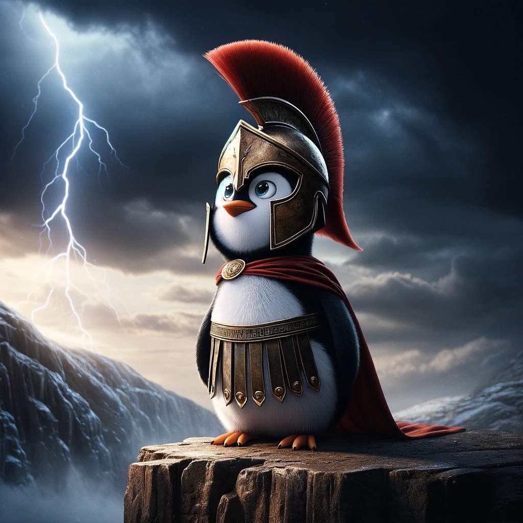 A Pixar-style poster with a plucky penguin dressed as a Spartan soldier standing with determination on a cliff under a dark, overcast sky. The penguin's armor is meticulously detailed, reflecting the ancient Spartan design with a Corinthian helmet adorned with a bright red crest. In the background, a lightning bolt cleaves the sky, hinting at the penguin's readiness to face the brewing storm.