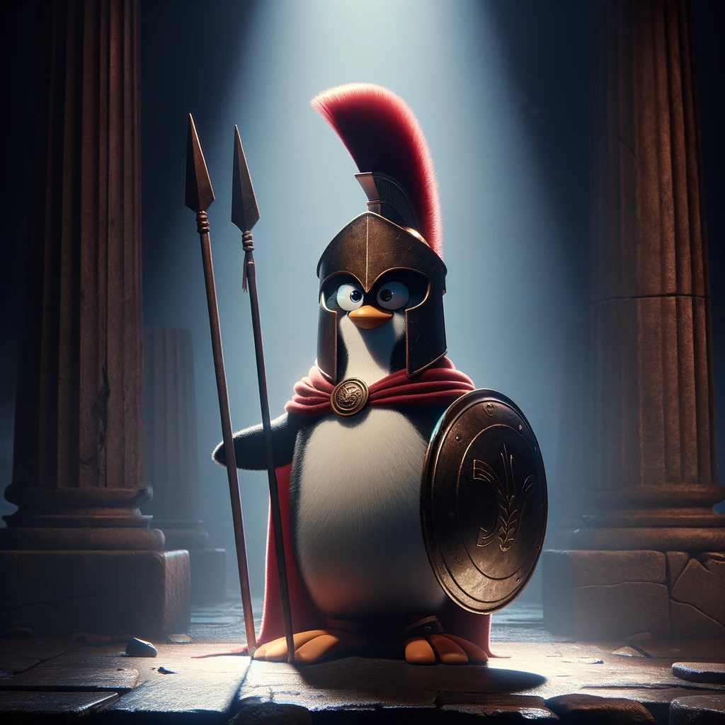 A Pixar-style movie poster featuring an animated penguin character dressed in a Spartan soldier uniform. The penguin stands heroically, donning a helmet with a red plume, a shield, and a spear. The background is dark and moody, with shadows casting over ancient Greek ruins, setting an epic yet whimsical tone.
