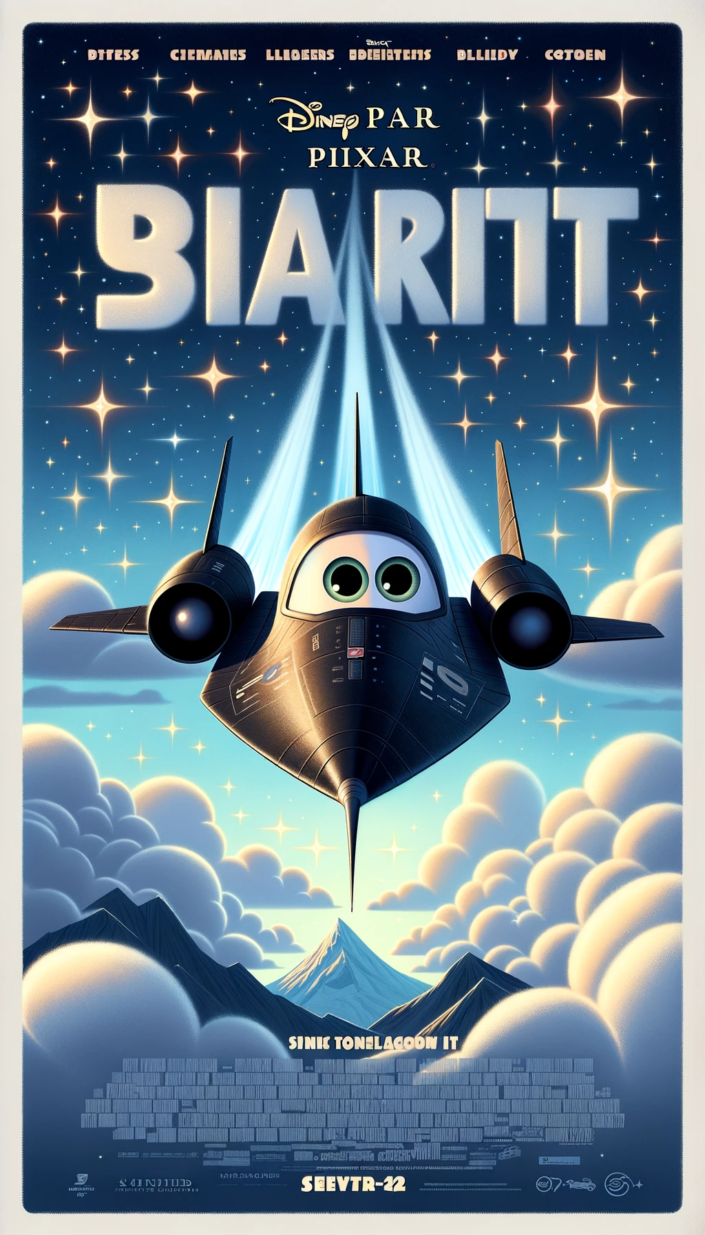 A Pixar movie poster showcasing the Lockheed SR-71 Blackbird as the central character, rendered charming 3D animation style. The Blackbird has a sleek, anthropomorphic design with eyes on the cockpit, giving it a heroic personality. It soars through a sky filled with fluffy clouds, leaving a trail of shimmering stars behind, symbolizing speed and adventure. The poster includes a whimsical title in bold, adventurous font and a silhouette of a mountain range below.