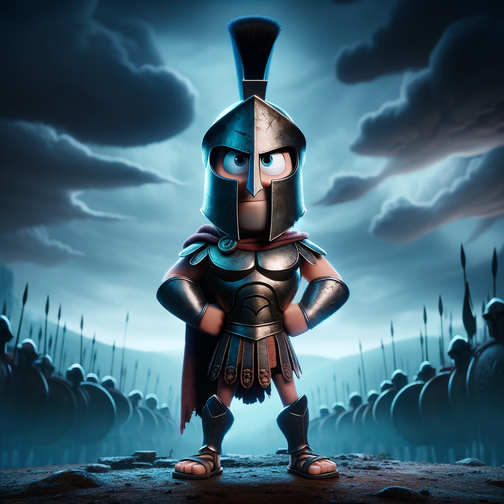 A Pixar-style movie poster featuring a Spartan soldier as a character, set against a dark and gloomy background. The Spartan is animated with Pixar's signature charm, possessing a determined and brave expression. His armor is stylized and slightly oversized for a whimsical effect, reflecting the iconic Spartan aesthetic. The background depicts a foreboding landscape with storm clouds, and the atmosphere is tense, hinting at an epic battle ahead.
