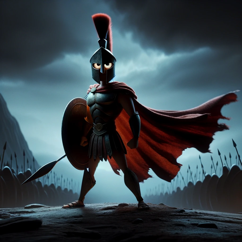 An animated Pixar movie poster showing a Spartan warrior with a stylized, friendly appearance, despite the dark and ominous backdrop. The character has a strong stance, holding a shield and spear, with a cape flowing in the wind. The mood is somber yet thrilling, with a backdrop of rugged terrain, shadowy figures in the distance, and a dark sky, creating a contrast between the character's heroism and the impending challenge.
