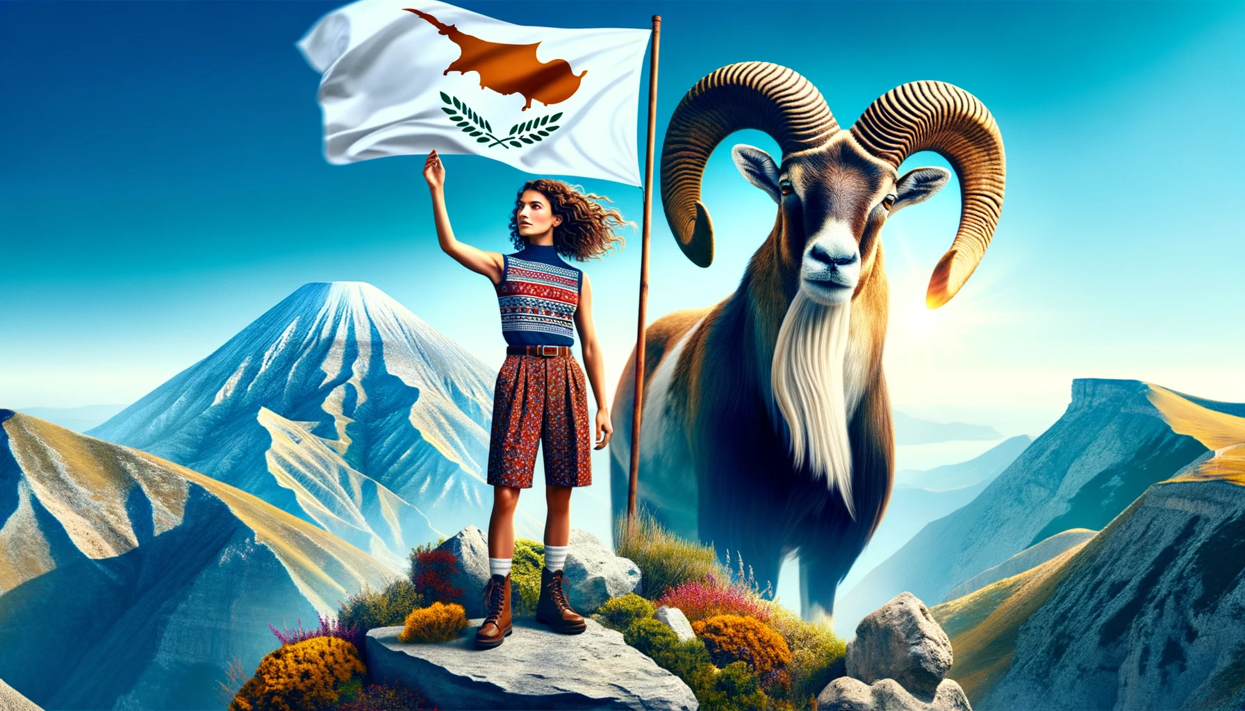 A photo-realistic image of a girl with medium-length wavy hair, wearing a sleeveless top and shorts patterned with the Cyprus flag. She is standing on a mountain summit with her hand raised, grasping the Cyprus flag that billows in the wind. Next to her, a robust mouflon goat with impressive spiraled horns looks out over the landscape, embodying the wild spirit of the mountainous terrain. The sky is a brilliant azure with the sun shining brightly.